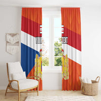 Personalized window curtain pair with Drenthe flag design and crest graphics in orange and blue.