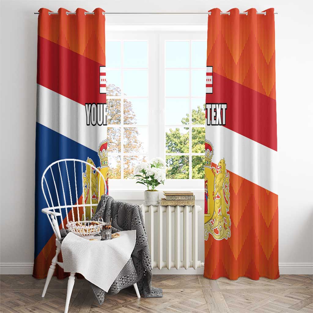 Personalized window curtain with Drenthe flag design, crest, and “YOUR TEXT”, top grommet style.