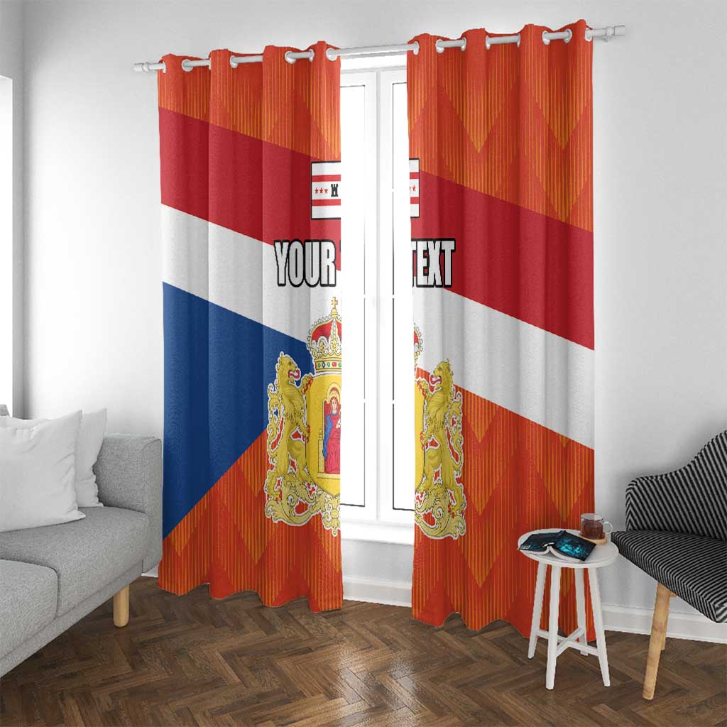Personalized window curtain pair with Drenthe flag stripes, crest medallion, and “YOUR TEXT”.