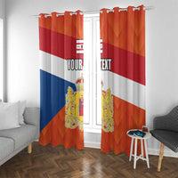 Personalized window curtain pair with Drenthe flag stripes, crest medallion, and “YOUR TEXT”.