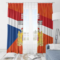 Personalized window curtain with Drenthe flag design, crest panels, and “YOUR TEXT”, grommet top.