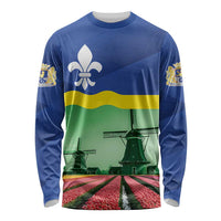 Flag-style long-sleeve shirt, blue-yellow-green with fleur-de-lis, windmills, tulips