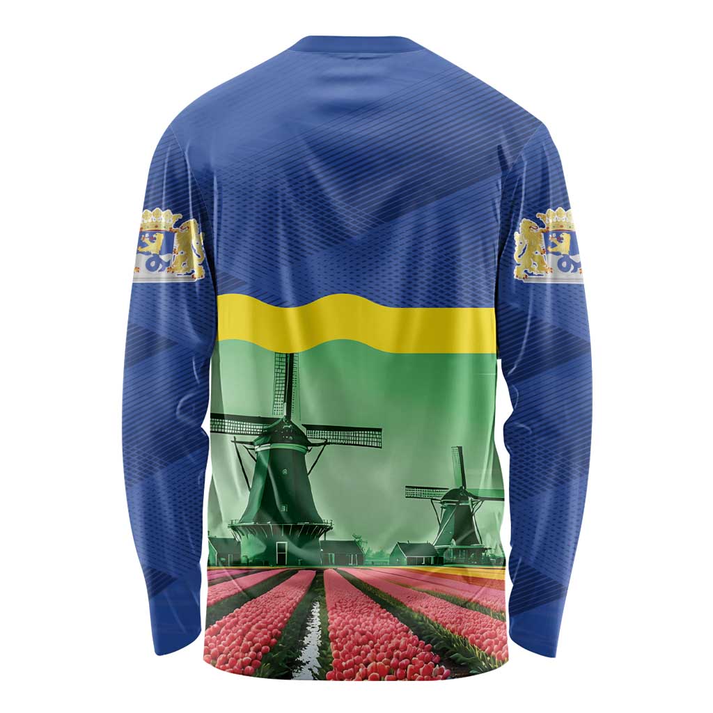 Flag-style long-sleeve shirt, blue-yellow-green with windmills and tulip path