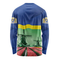 Flag-style long-sleeve shirt, blue-yellow-green with windmills and tulip path