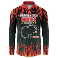 Black button sweatshirt with red collar, flame print, and Gulf Mexico chest graphic