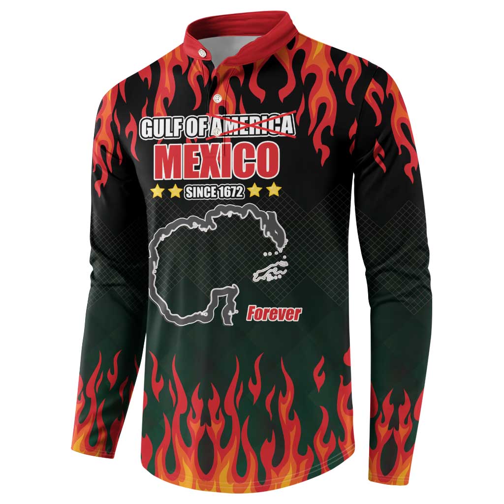 Black button sweatshirt with red collar, flame sleeves, Gulf Mexico front graphic