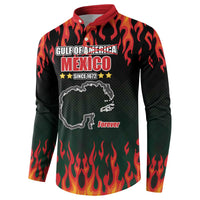 Black button sweatshirt with red collar, flame sleeves, Gulf Mexico front graphic