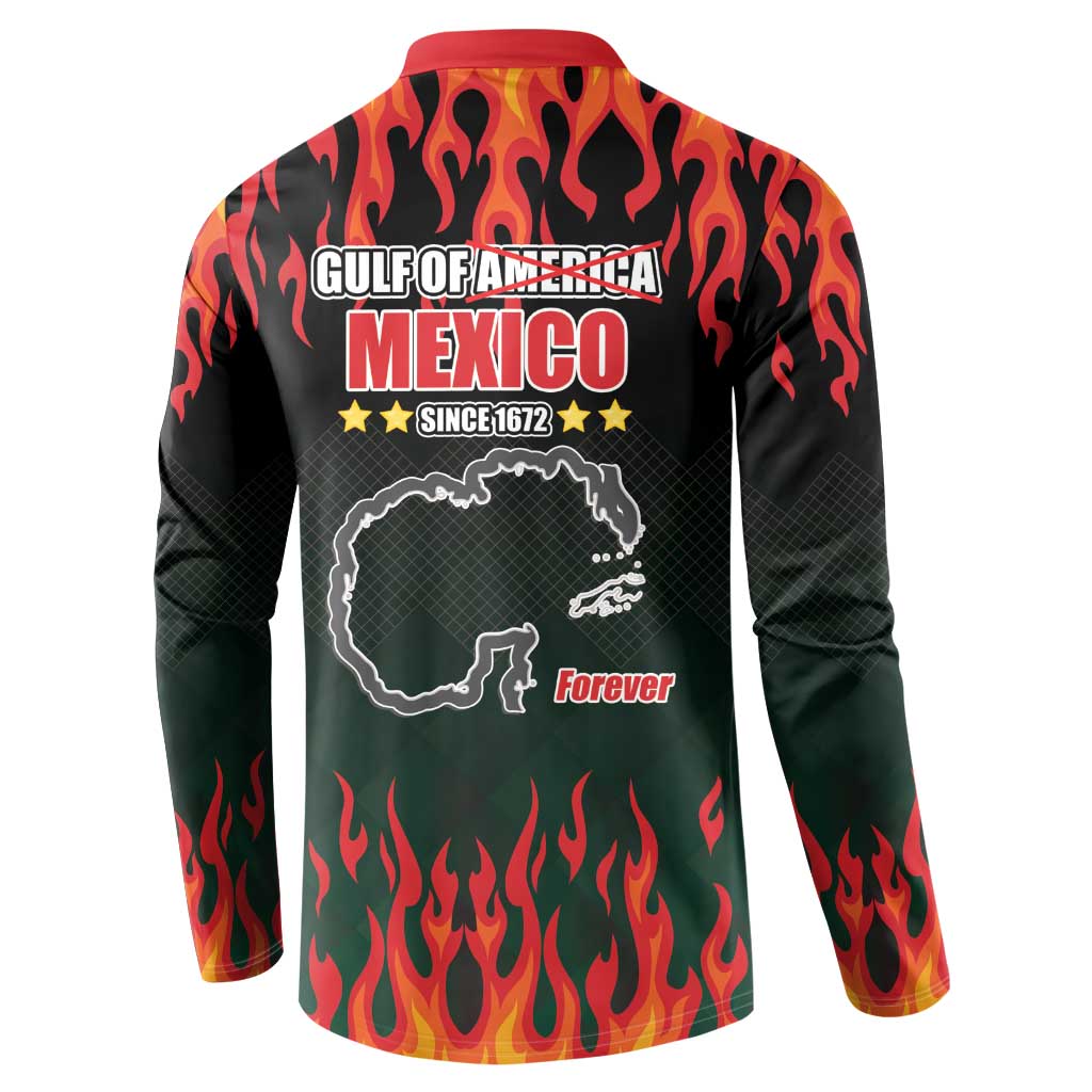 Black button sweatshirt with red collar, flame back print and Gulf Mexico panel