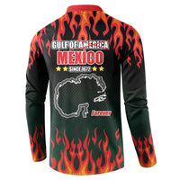 Black button sweatshirt with red collar, flame back print and Gulf Mexico panel