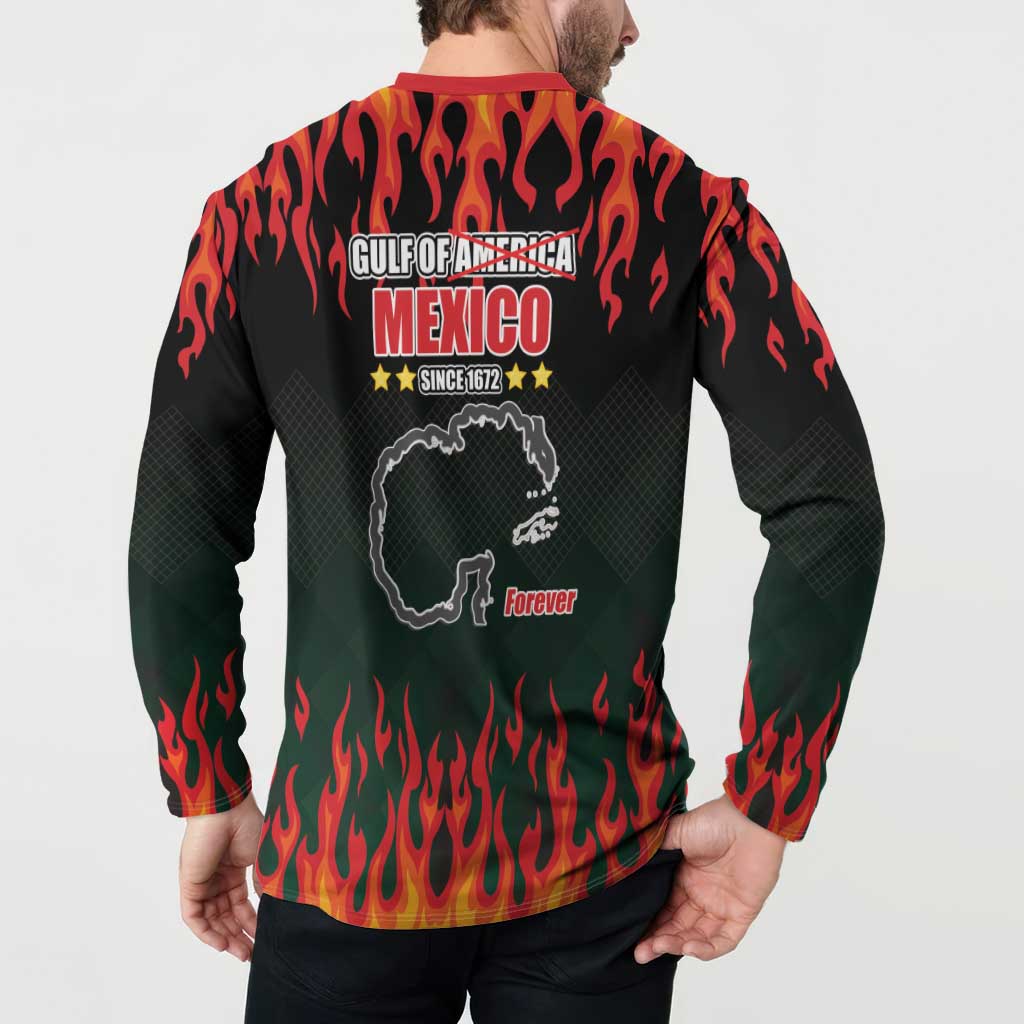 Black button sweatshirt with red collar, flame back design and centered Mexico graphic