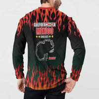 Black button sweatshirt with red collar, flame back design and centered Mexico graphic