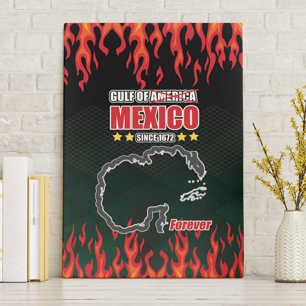 Canvas wall art with dark green Mexico map, red flame pattern, and “Forever” text.