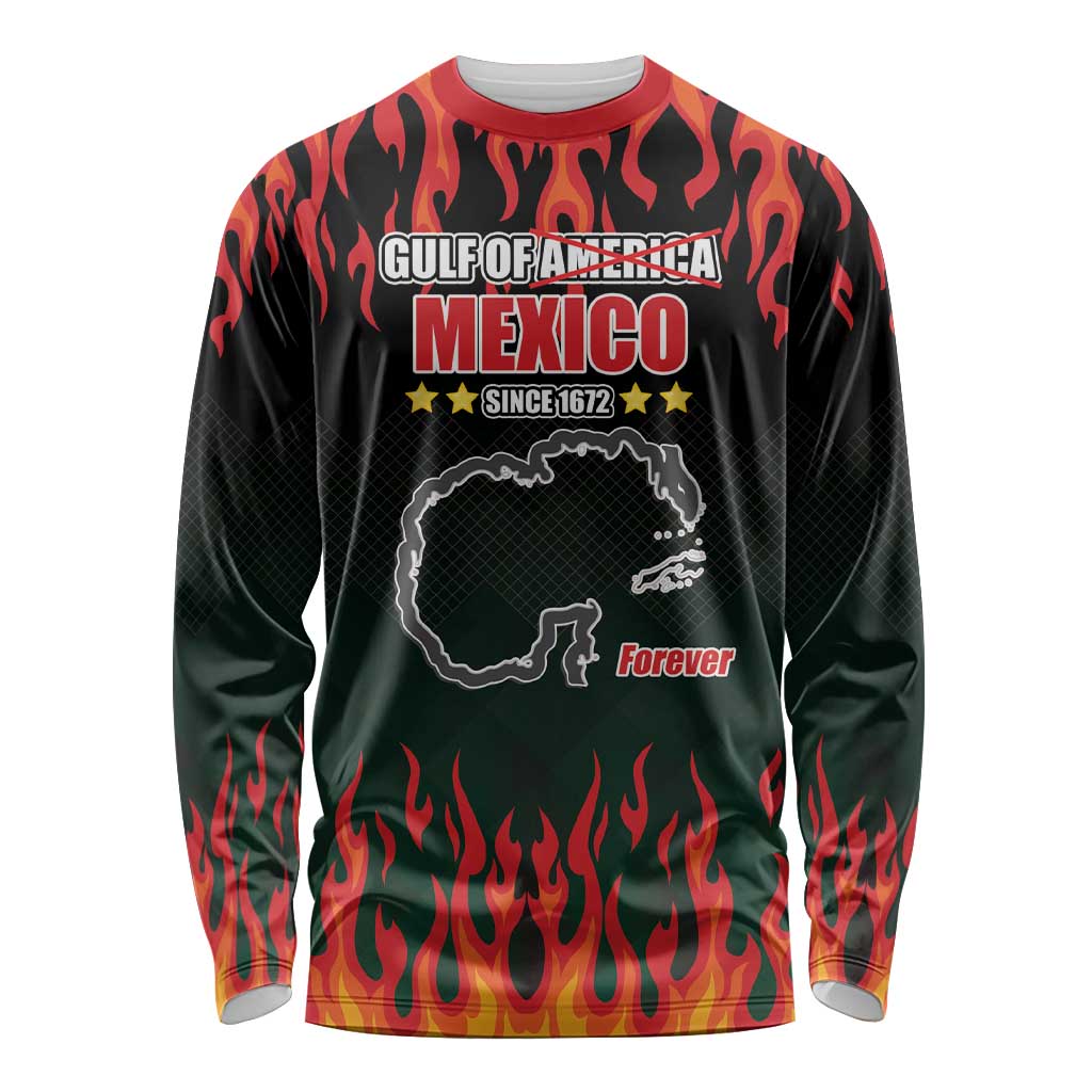 Unisex black long-sleeve shirt with Mexico fire flame graphic and logo print