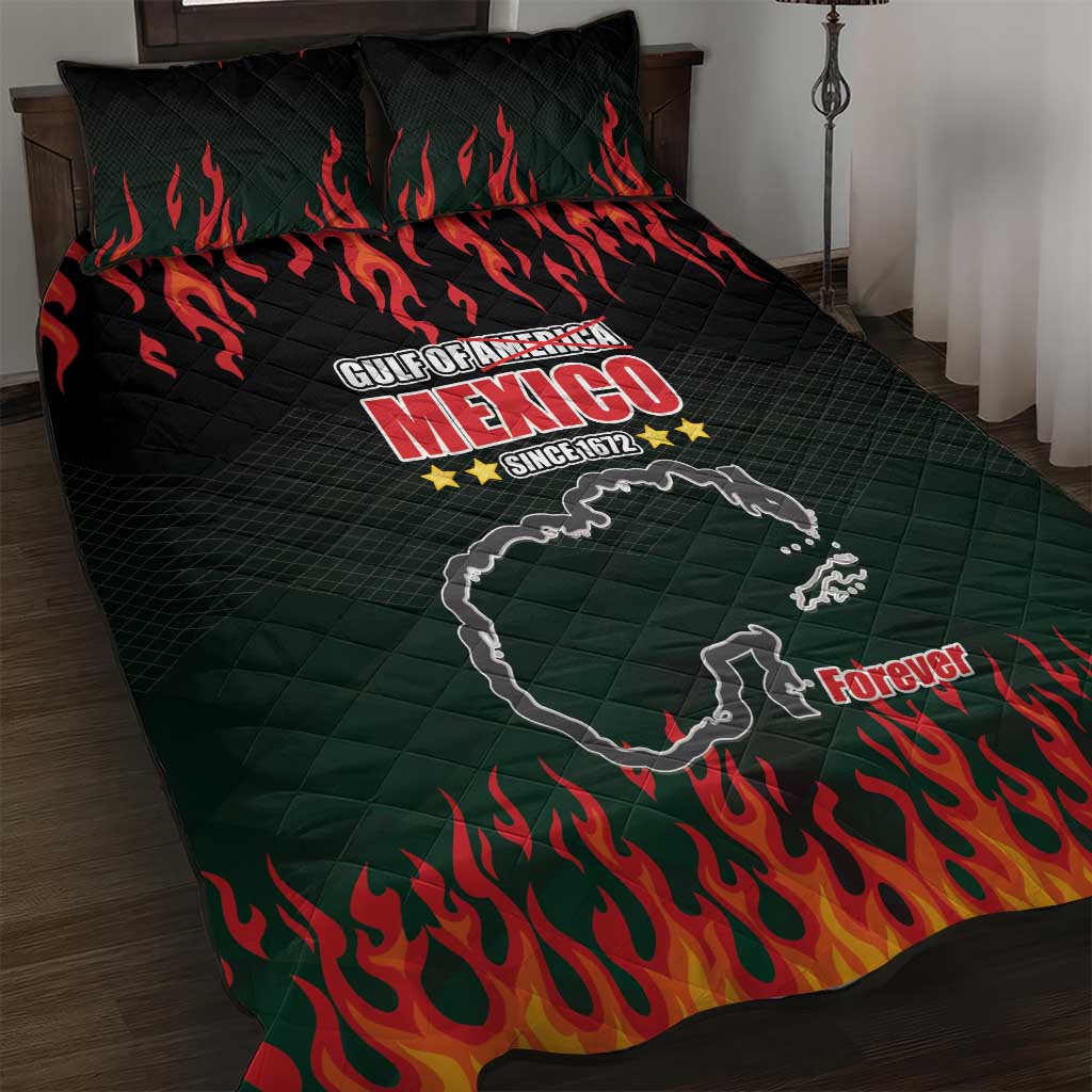 Black and green quilt bed set with red flame pattern and Mexico graphic