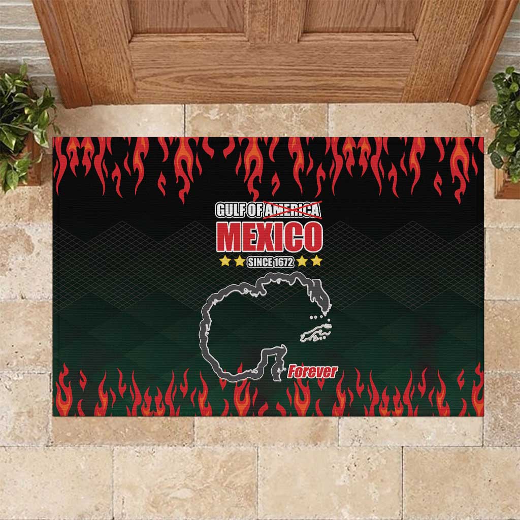 Black rubber doormat with red flames, Mexico map graphic, and 'Forever' text