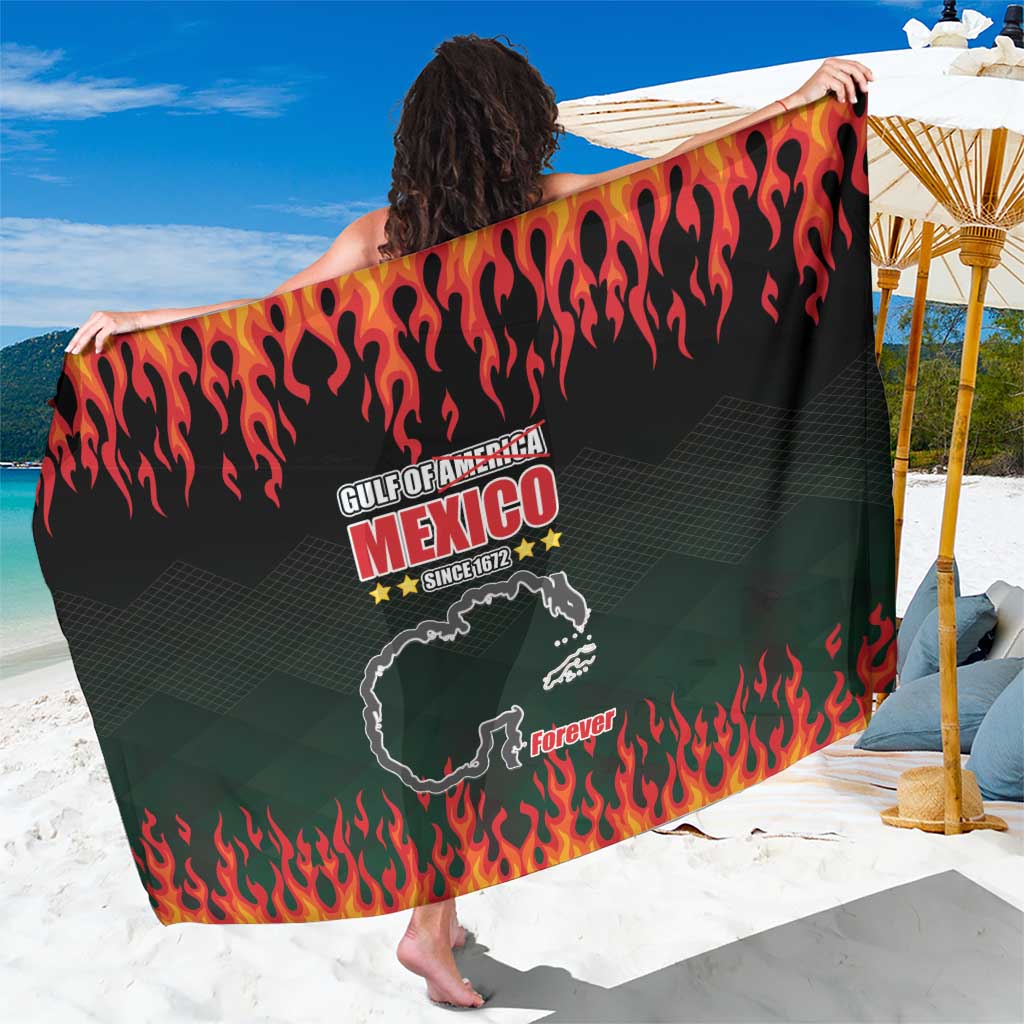 Black sarong with red flame print and Mexico emblem, fringeless draped hem