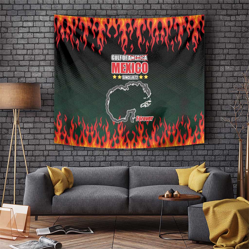 Black and green Mexico tapestry with flame border, map graphic, and 'Forever' text
