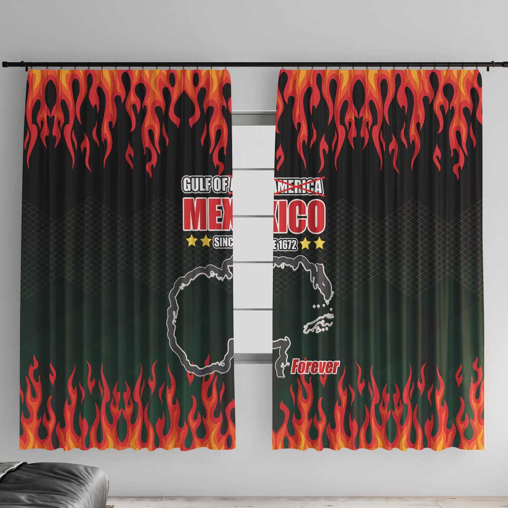 Black and green flame window curtain pair with red-orange fire pattern and Mexico graphic