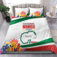 White bedding set featuring Mexico logo, green and red stripes, and colorful cactus prints.