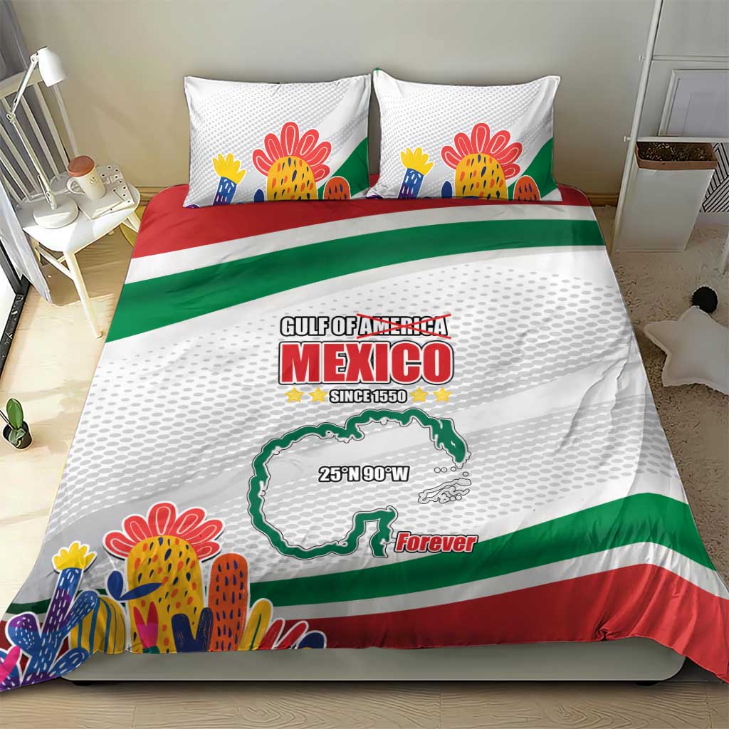 Mexico-themed white bedding set with green and red stripes, cactus accents, and 2 pillow shams.