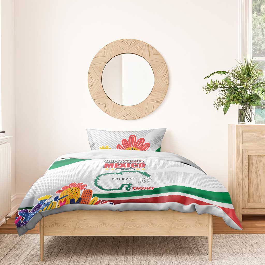 White bedding set featuring Mexico logo, green and red stripe bands, and cactus artwork.