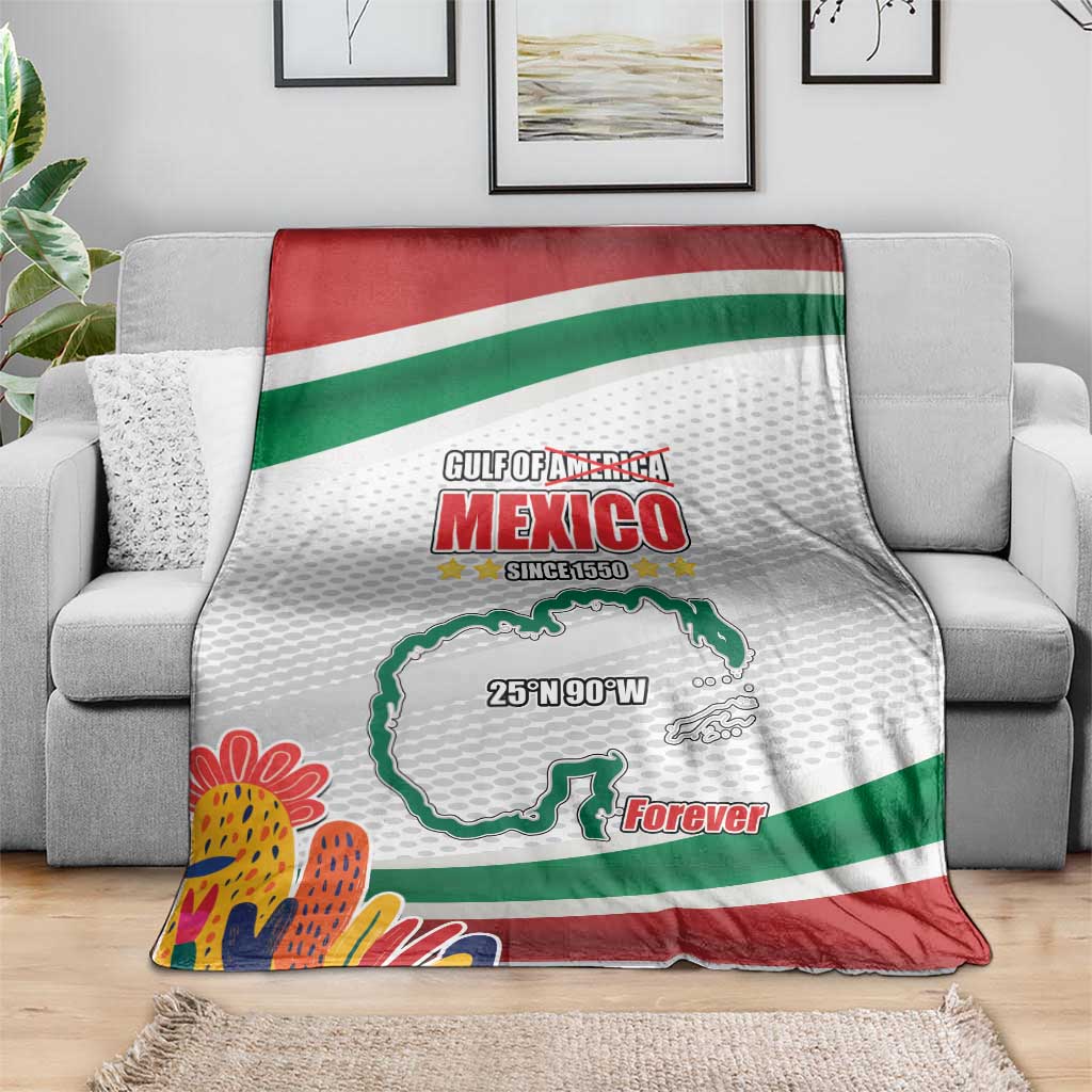 Mexico-themed blanket draped over sofa with red/green/white stripes and map “Forever” text