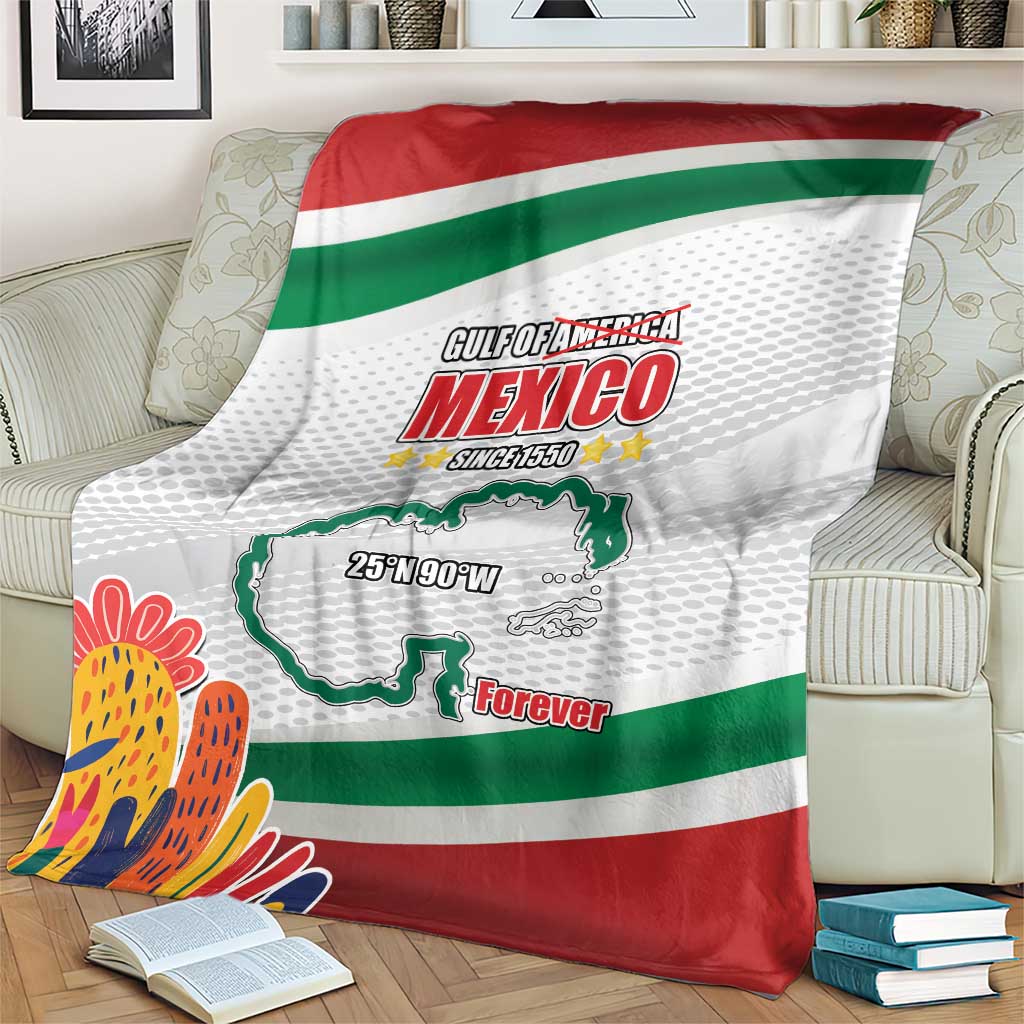Mexico-themed throw blanket with red, green, and white stripes and colorful cactus edge art