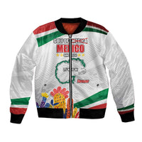 White unisex bomber jacket with Mexico flag stripes and colorful front graphic