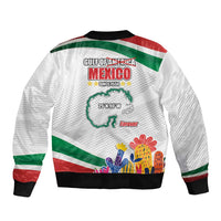 White unisex bomber jacket with Mexico flag stripes and back map and text graphic