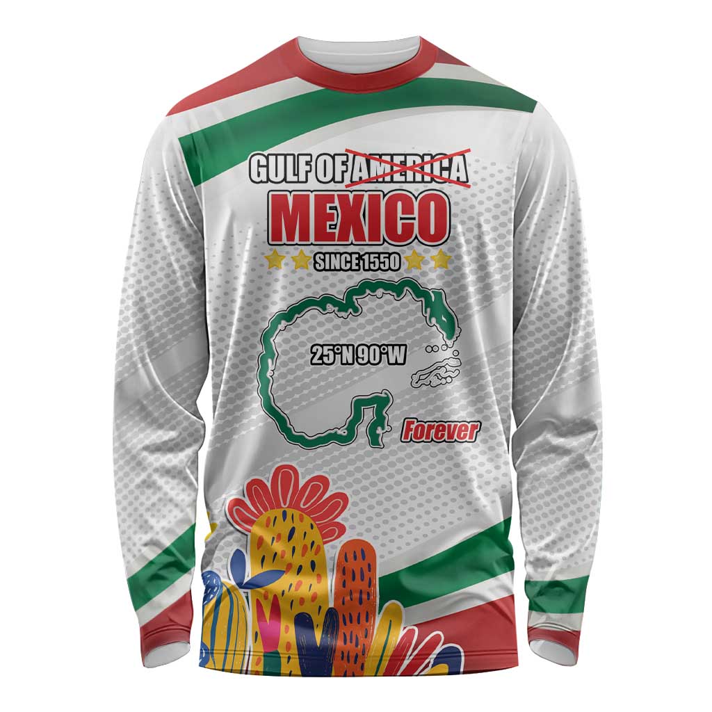 Unisex white long sleeve shirt with green and red trim, Mexico map graphic on front