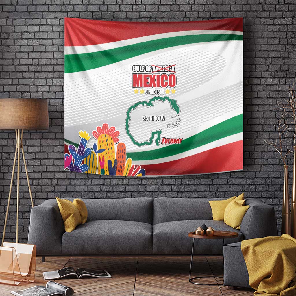 Mexico wall tapestry: red/green stripes, map outline, 'Forever' and colorful art