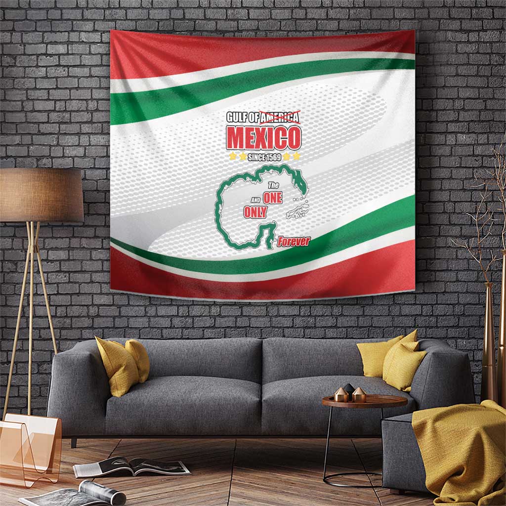 Rectangular wall tapestry with red, green, and white Mexico flag stripes and crest