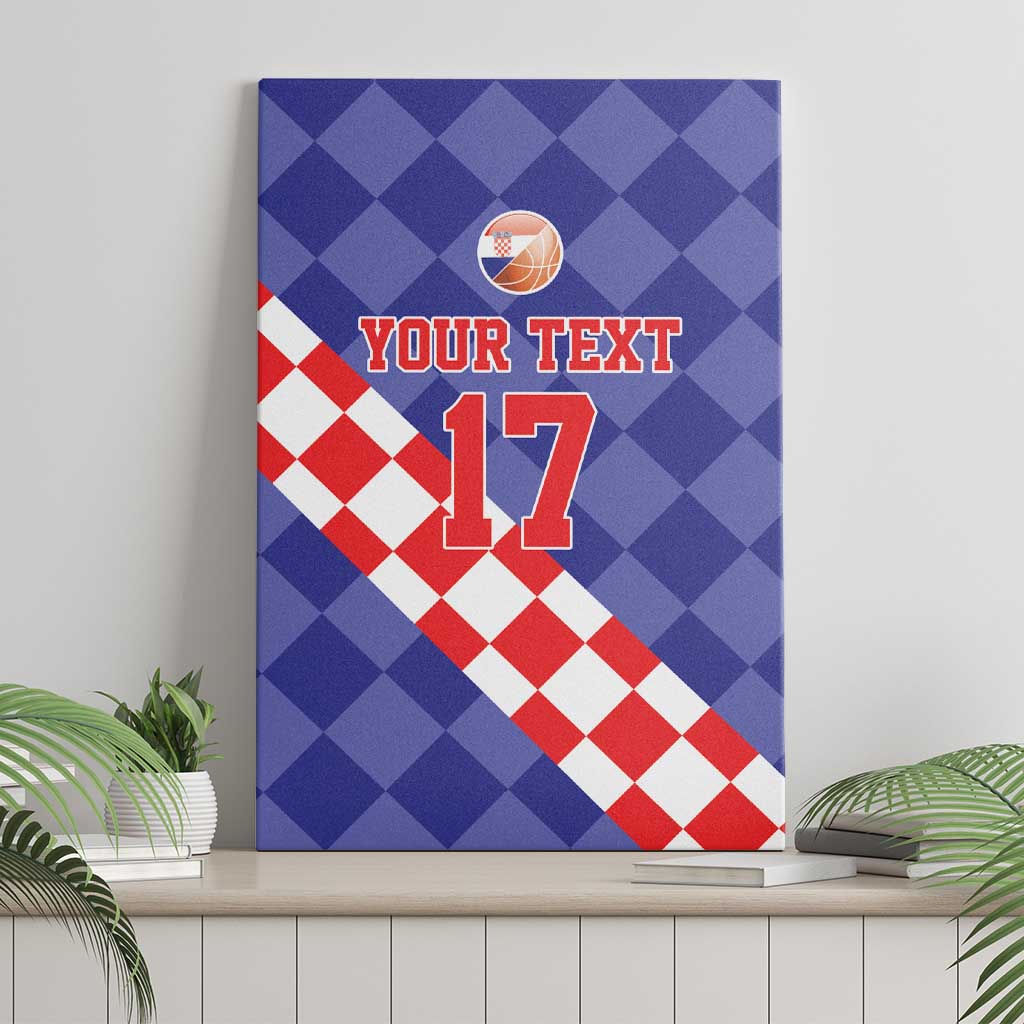 Blue basketball canvas wall art with red-and-white check diagonal, “YOUR TEXT,” and 17