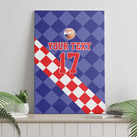 Blue basketball canvas wall art with red-and-white check diagonal, “YOUR TEXT,” and 17