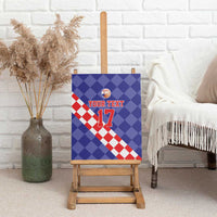 Blue basketball canvas wall art on easel with red-and-white check diagonal and number 17