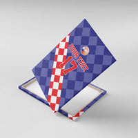 Blue basketball canvas print with red-and-white check pattern, “YOUR TEXT,” and number 17