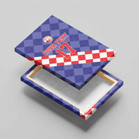 Blue basketball canvas wall art with red-and-white check diagonal and “YOUR TEXT” 17