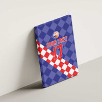 Blue basketball canvas wall art with red-and-white check diagonal, “YOUR TEXT,” and 17