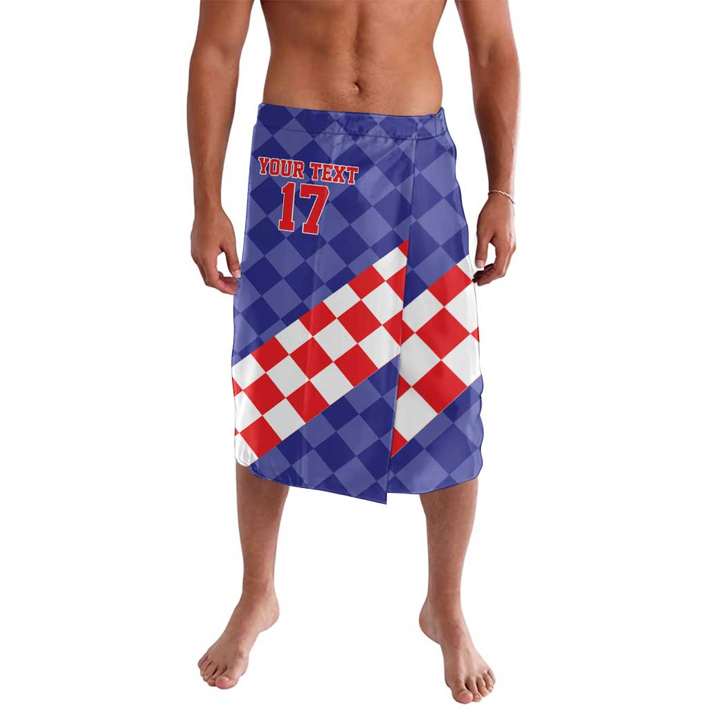 Blue athletic sarong with elastic waistband and red/white checker print, 'YOUR TEXT 17'.
