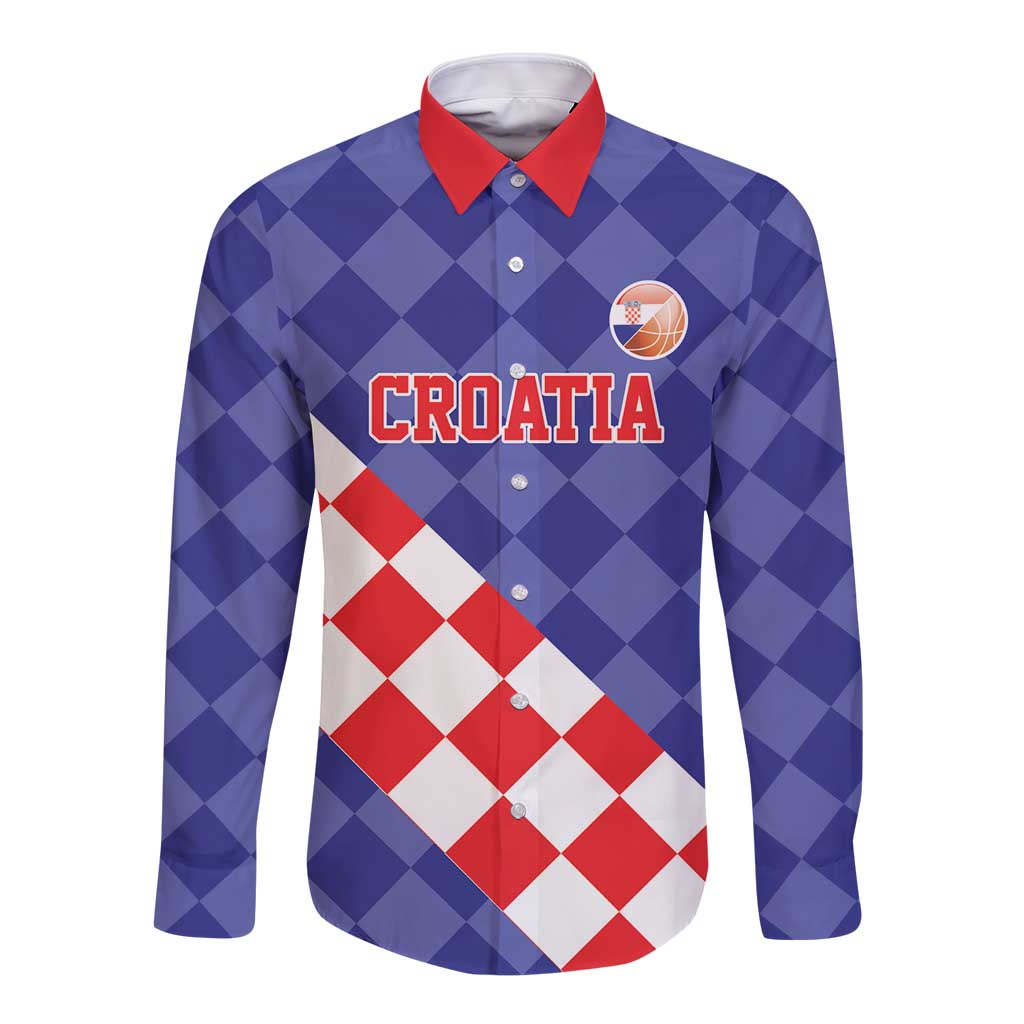 Blue long-sleeve button shirt with red collar, diamond pattern, Croatia basketball badge