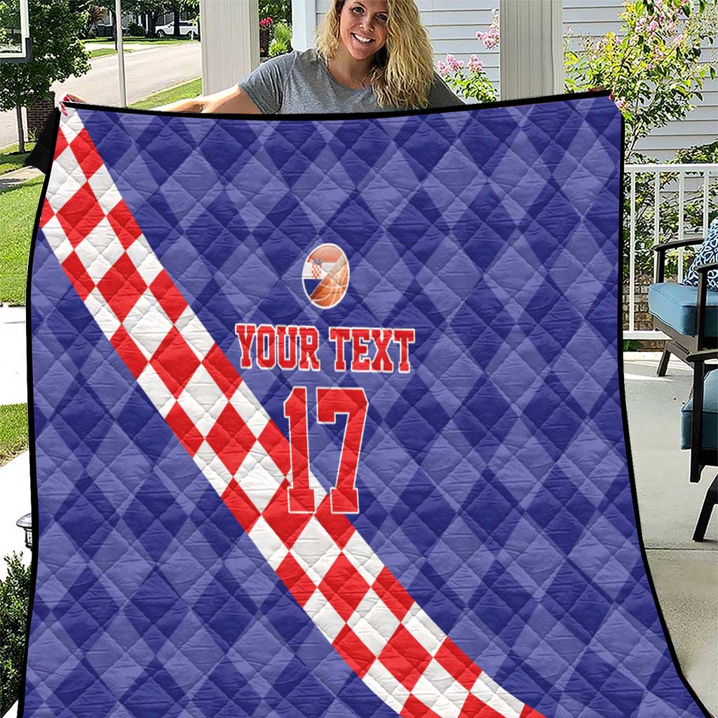 Blue quilt with red-and-white check diagonal stripe, basketball icon, and “YOUR TEXT 17”