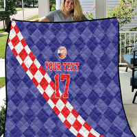 Blue quilt with red-and-white check diagonal stripe, basketball icon, and “YOUR TEXT 17”