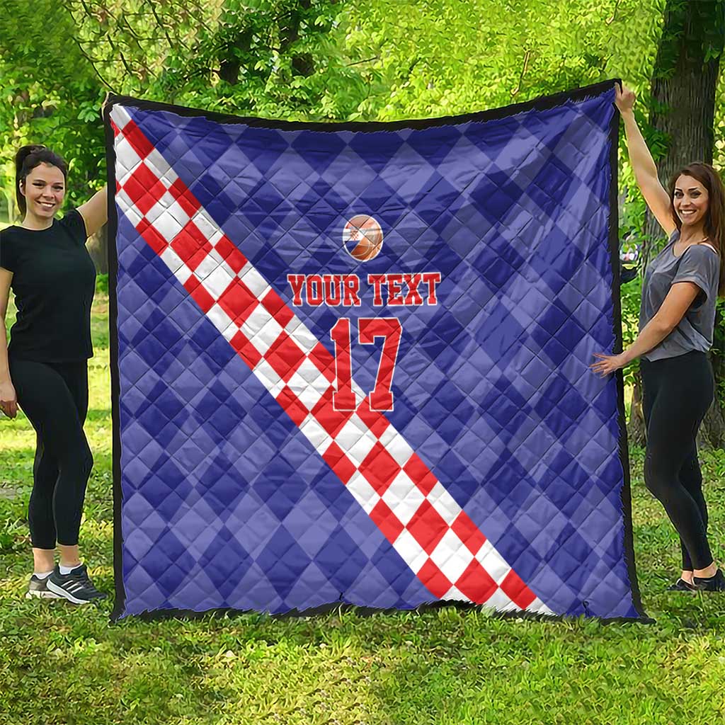 Blue basketball-themed quilt featuring a red-and-white diamond diagonal stripe and “YOUR TEXT 17”