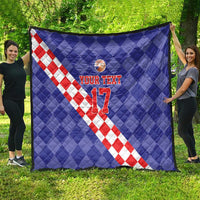 Blue basketball-themed quilt featuring a red-and-white diamond diagonal stripe and “YOUR TEXT 17”