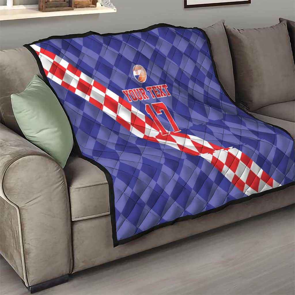 Blue quilt on sofa with red-and-white check diagonal stripe, basketball icon, and “YOUR TEXT 17”
