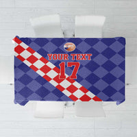 Blue basketball tablecloth with red-and-white diamond stripe and number 17 design