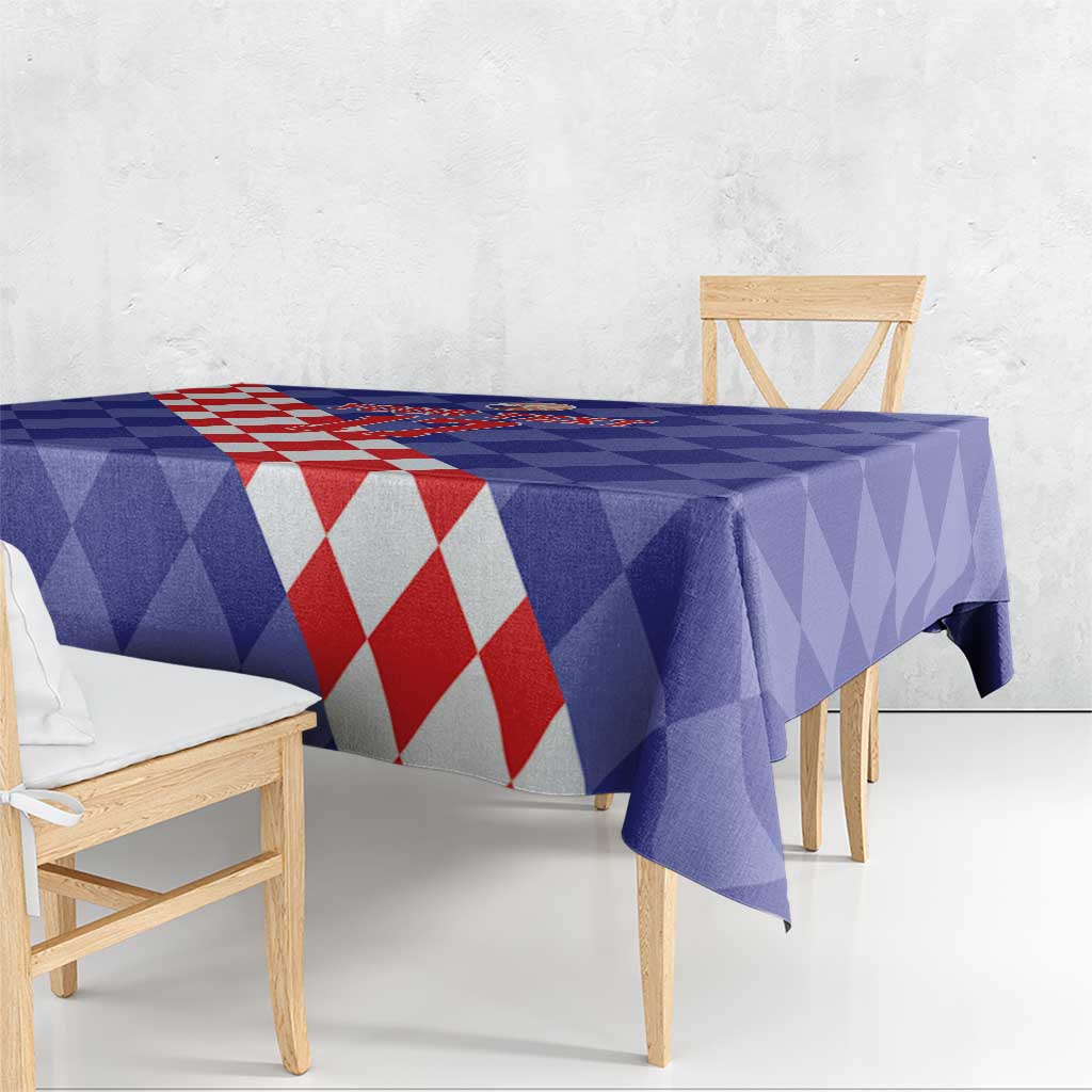 Blue basketball tablecloth with diagonal red-and-white diamond panel along the table edge