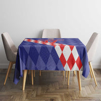 Blue tablecloth with diamond pattern and red-white chevron stripe for dining table