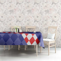 Blue basketball tablecloth with diamond pattern and red-white diagonal stripe on dining set