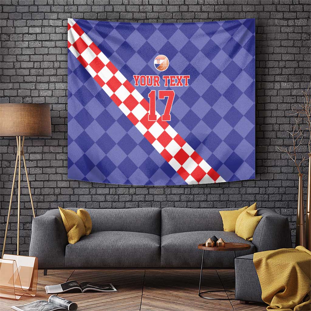 Blue basketball tapestry with red check diagonal stripe, 'YOUR TEXT' and '17'